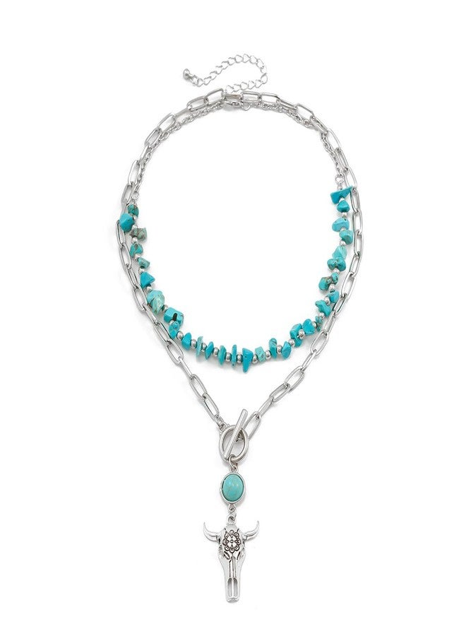 MarveBard Layered Western Necklace for Women Vintage Turquoise Beaded Choker Necklace Star Bull Head Shell Cactus Necklace Country Concert Cowgirl Dresses Jewelry Accessories (Ox-Head Paerclip Chain) - Image 1